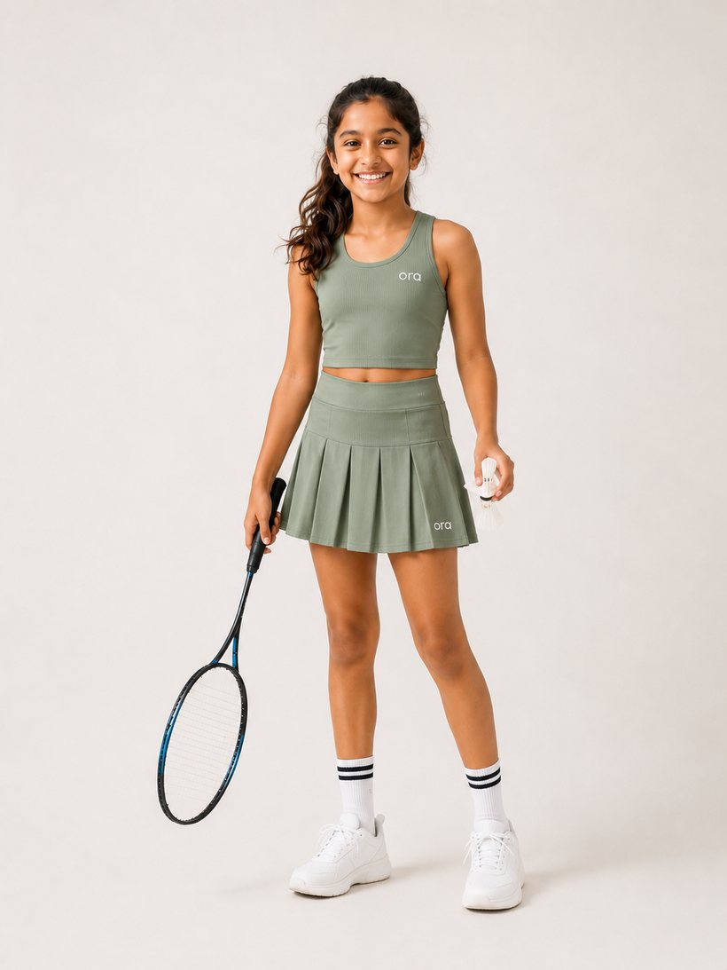 Tween in Ora rib tank and pleated skort
